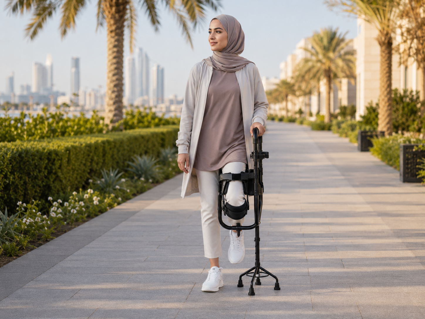Woman using the AKLION Orthohelp knee walker on a city promenade