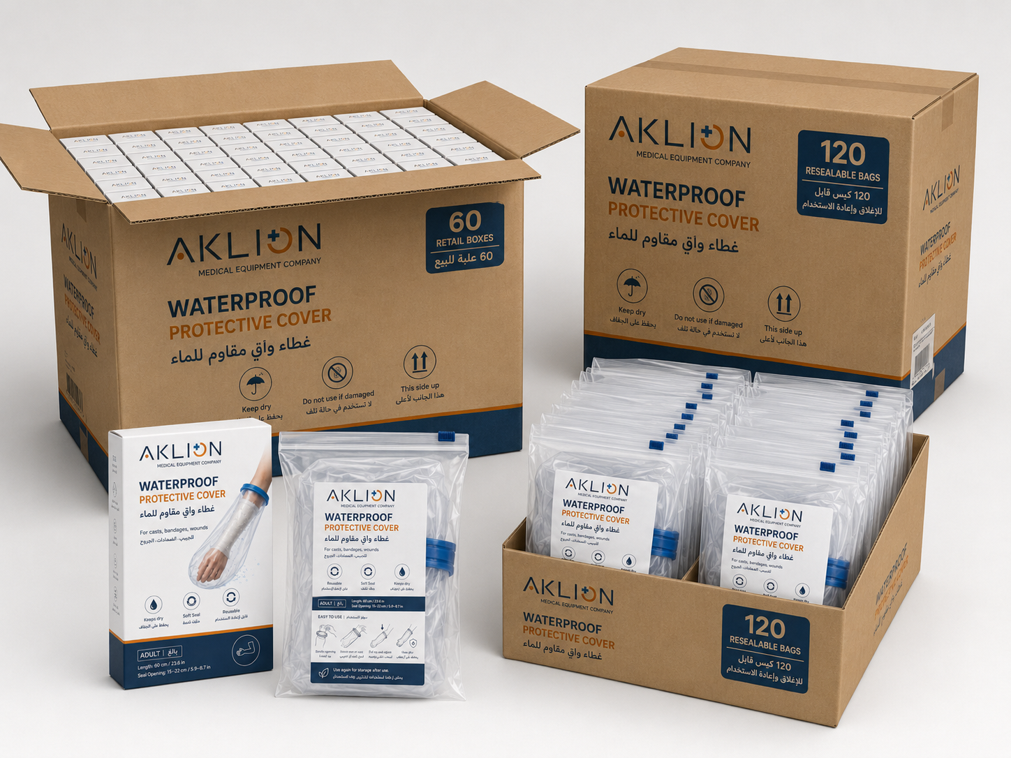 AKLION bulk master cartons containing retail boxes and resealable bags