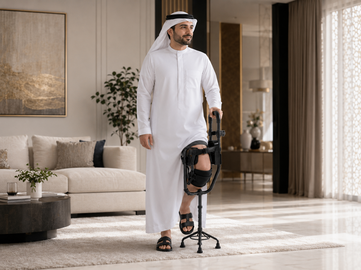 Man using the AKLION Orthohelp knee walker in a modern majlis interior