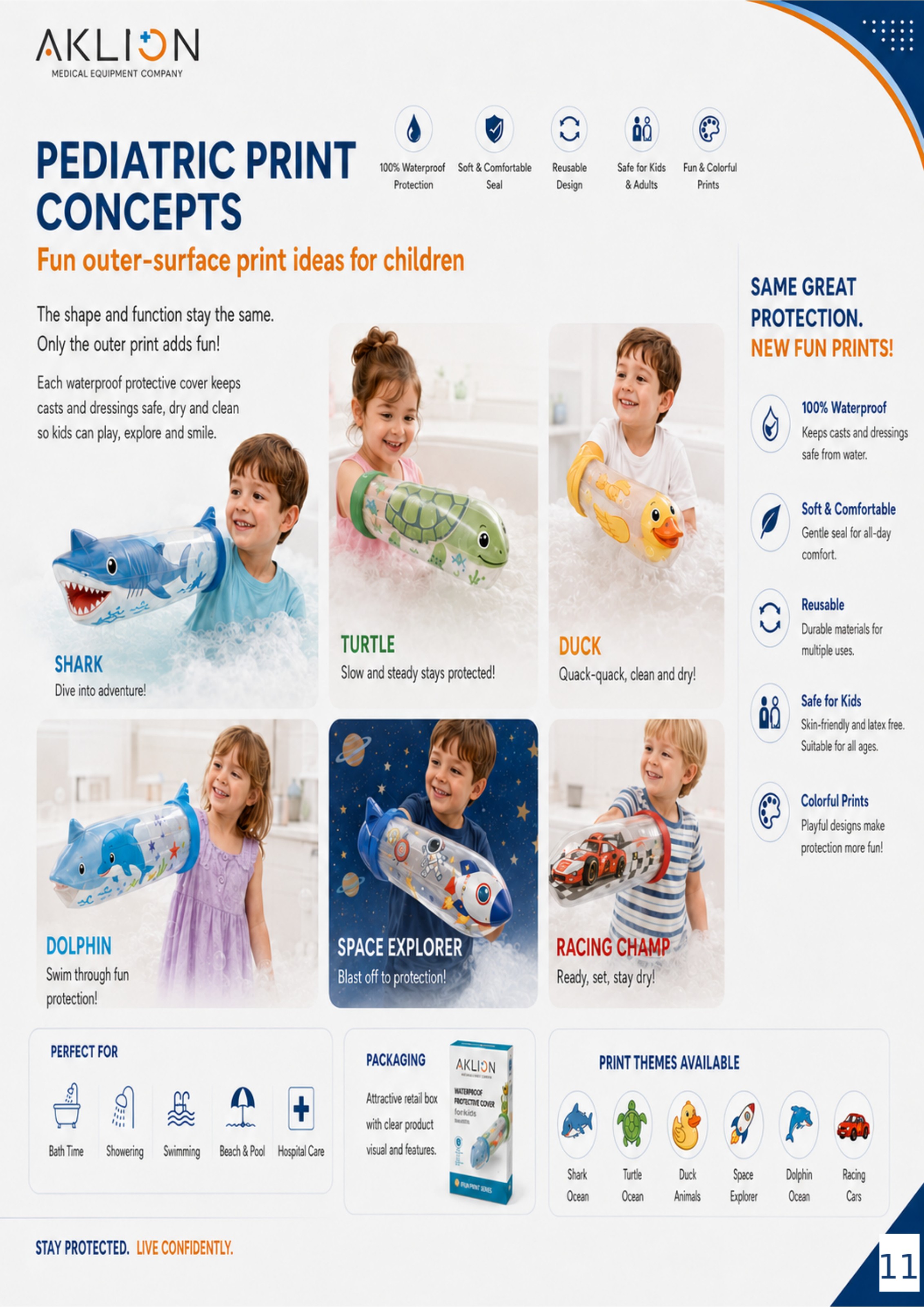 AKLION Waterline pediatric prints — shark, turtle, duck, dolphin, space explorer, racing champ