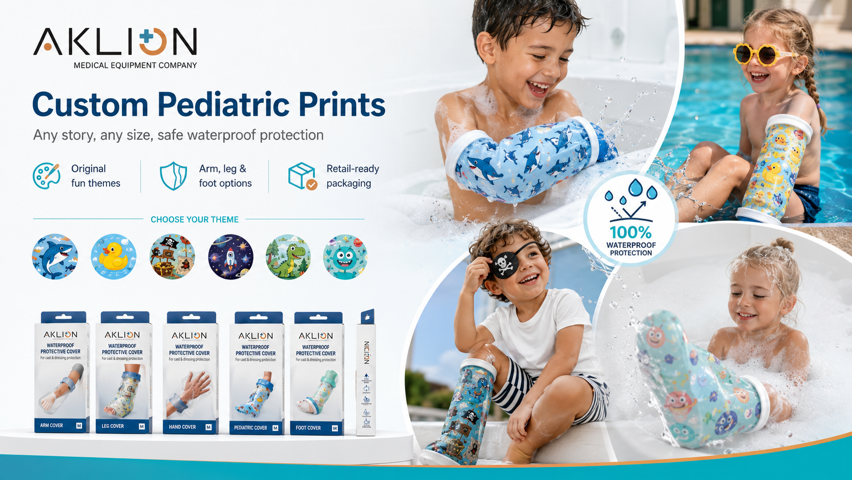 AKLION Kids Waterline custom pediatric prints — sharks, ducks, dinosaurs, rockets