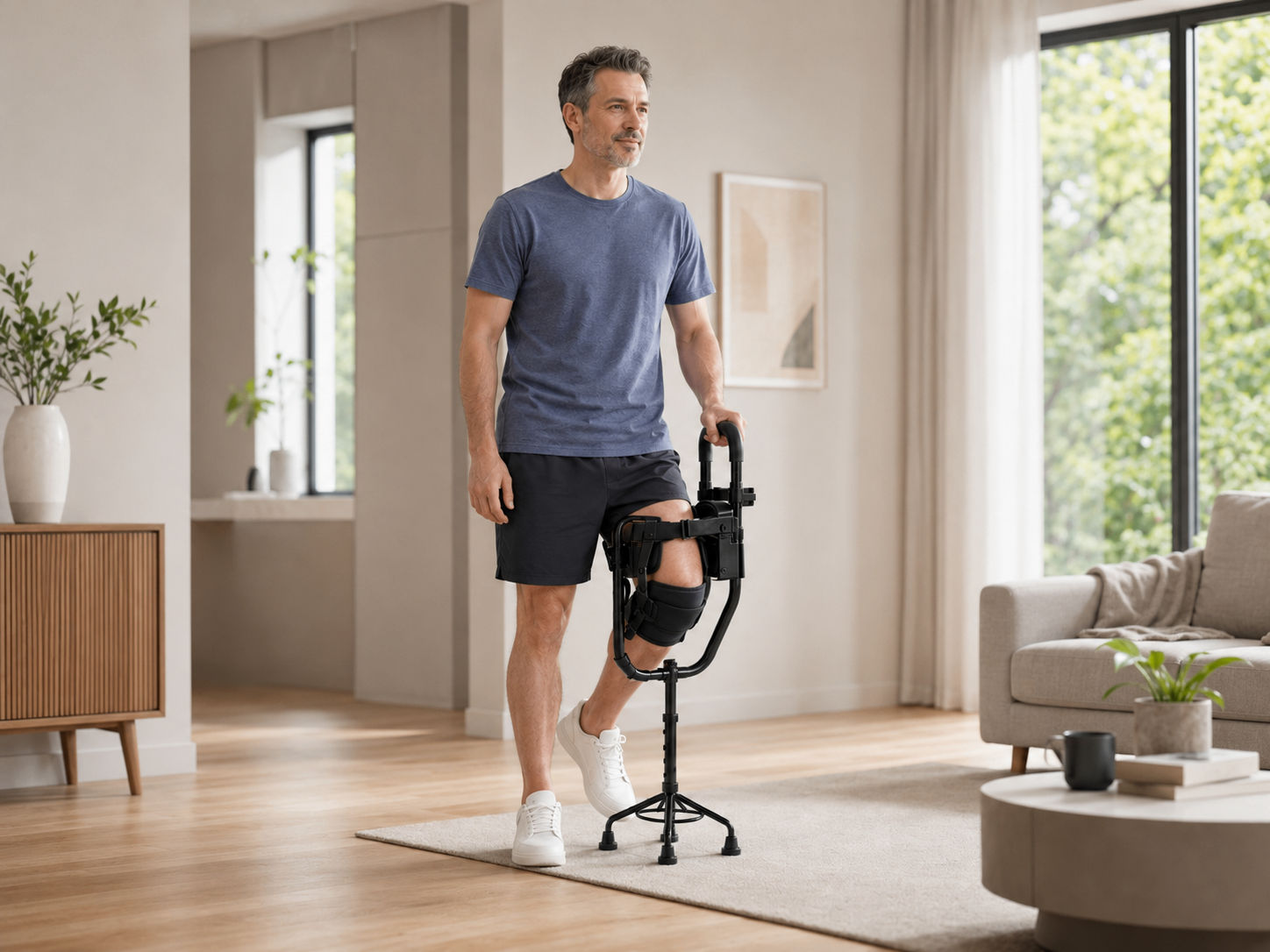 Man moving around his living room with the AKLION Orthohelp knee walker