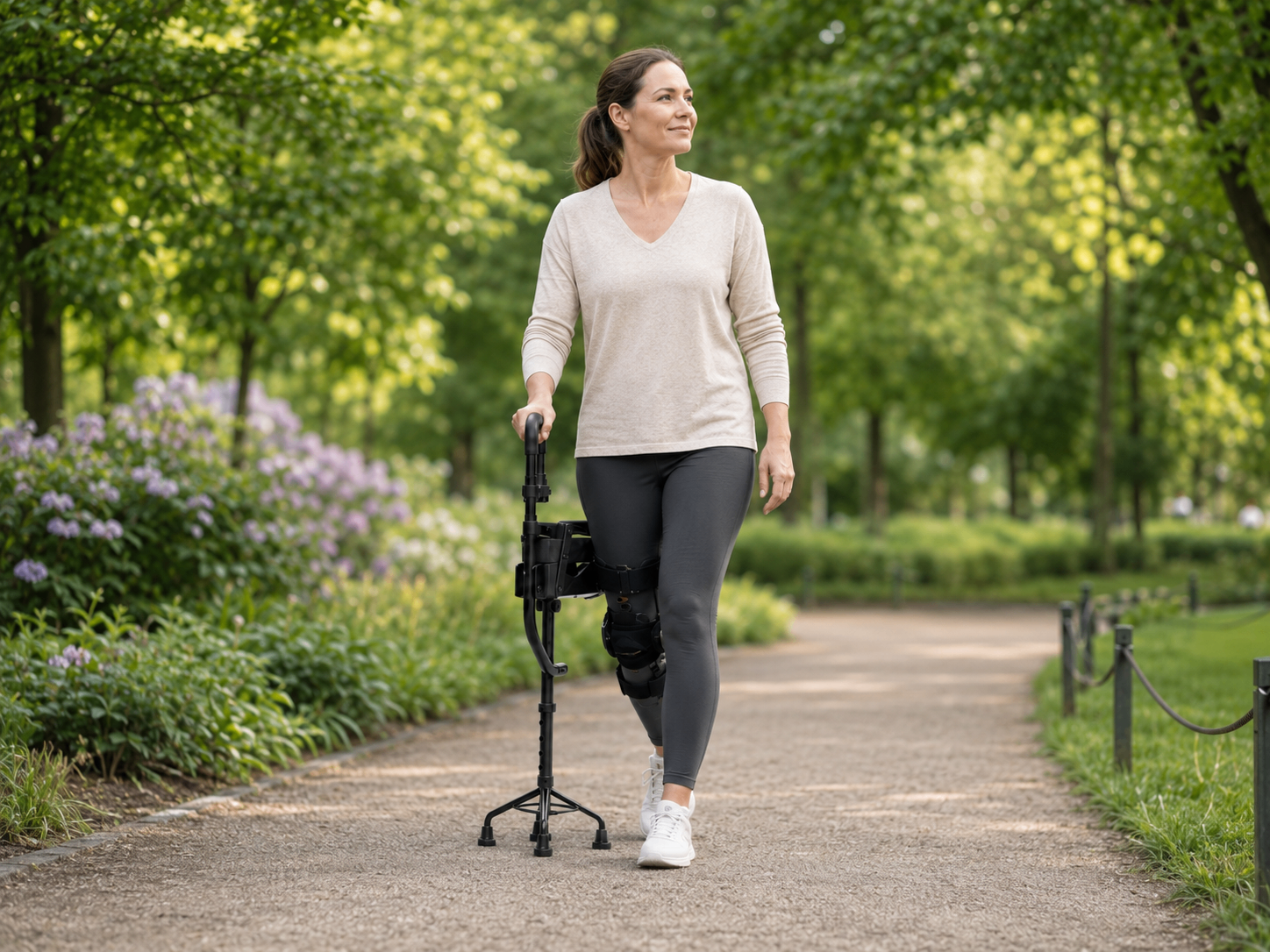 Woman walking through a park with the AKLION Orthohelp knee walker