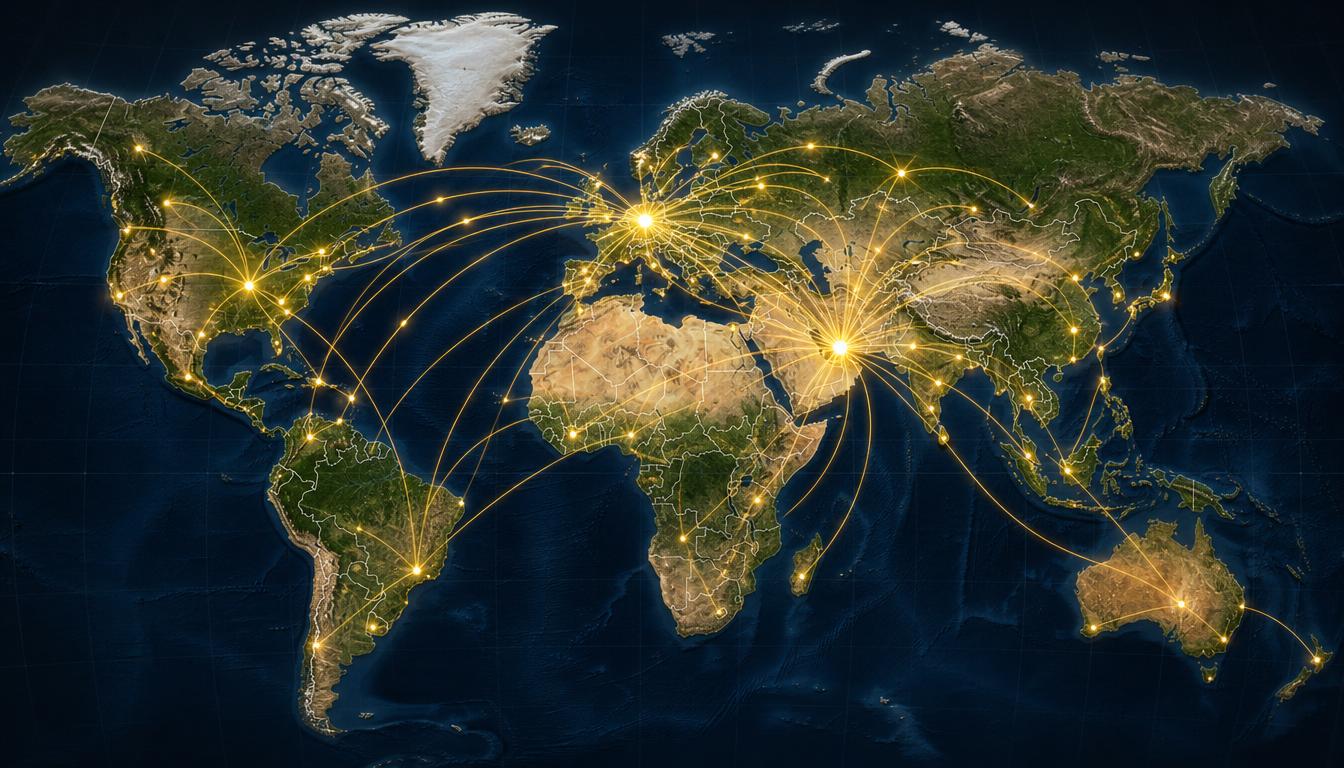 Relief world map showing UAE and Germany as activity hubs with global connection lines